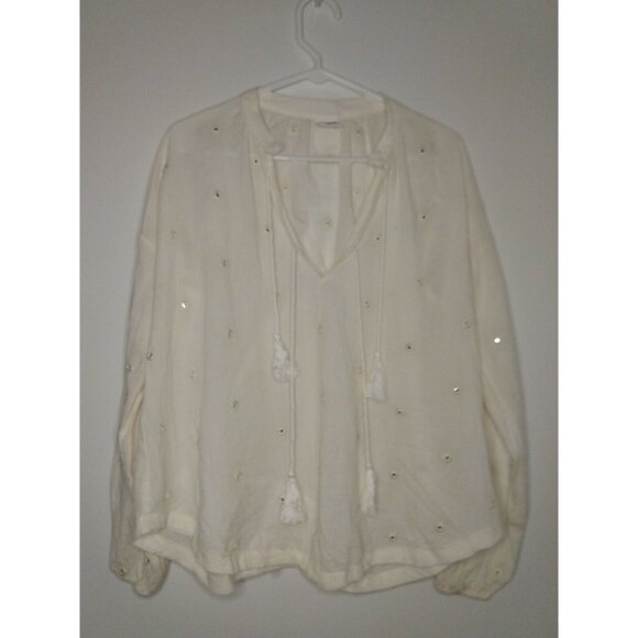 By Together Tops - By Together Women's Size Small Long Sleeve Blouse Cream Mirror Stitched Raw Hem
